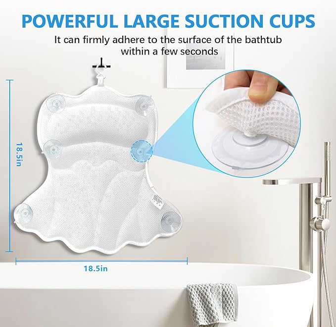 REEZEIVI Bath Pillows for Tub,Bath Pillow with 6 Non-Slip Suction Cups,Soft 4D Mesh Fabric,Bathtub Pillows for Tub Neck and Back Support,Extra Thick Luxury Bathtub Pillows,White
