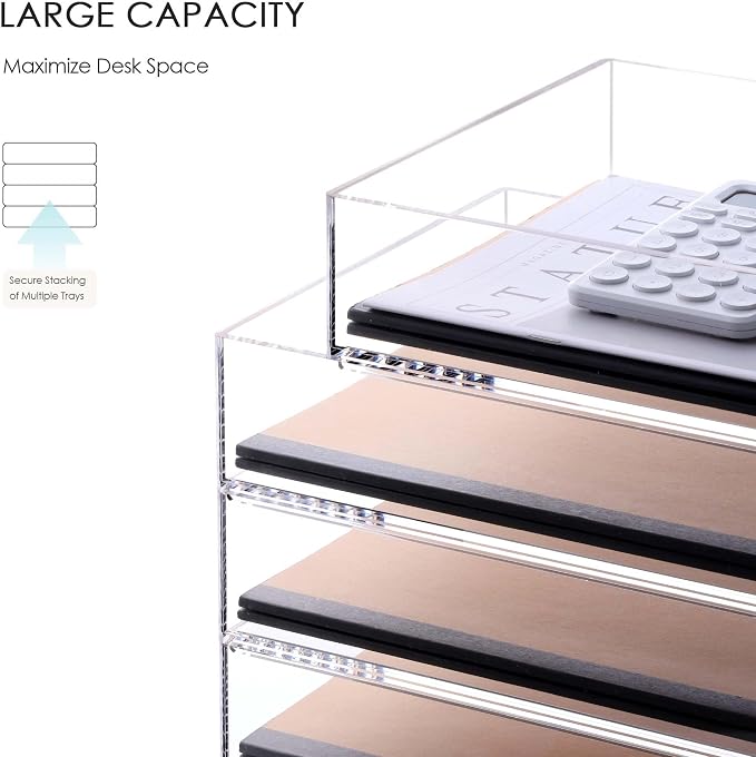 SANRUI 4 Tier Stackable Acrylic Letter Tray, 5mm Thick Clear Desk File Organizer, Document Paper Tray with Stable Bottom Bar for Letter A4 Office Supplies
