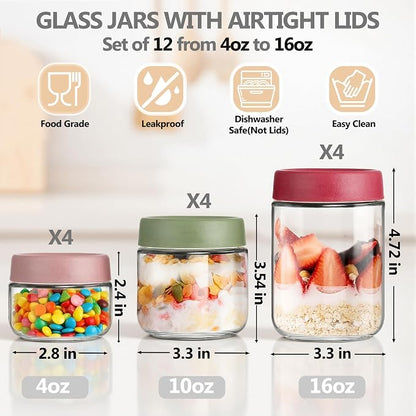 TBWIND 12 Pack Overnight Oats Containers with Lids, 16oz, 10oz & 4oz Glass Mason Jars with Airtight Lids, Wide Mouth Food Storage Containers for Yogurt, Chia Pudding, Meal Prep & Breakfast