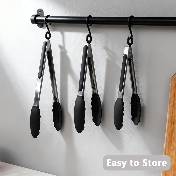 IOCBYHZ Kitchen Silicone Tongs for Cooking with Nonslip Silicone Tips, 600°F Heat Resistant Cooking Food Tong Set Heavy Duty Stainless Steel Handle for Baking Grilling Serving, 3 Pack (7" & 9" & 12")