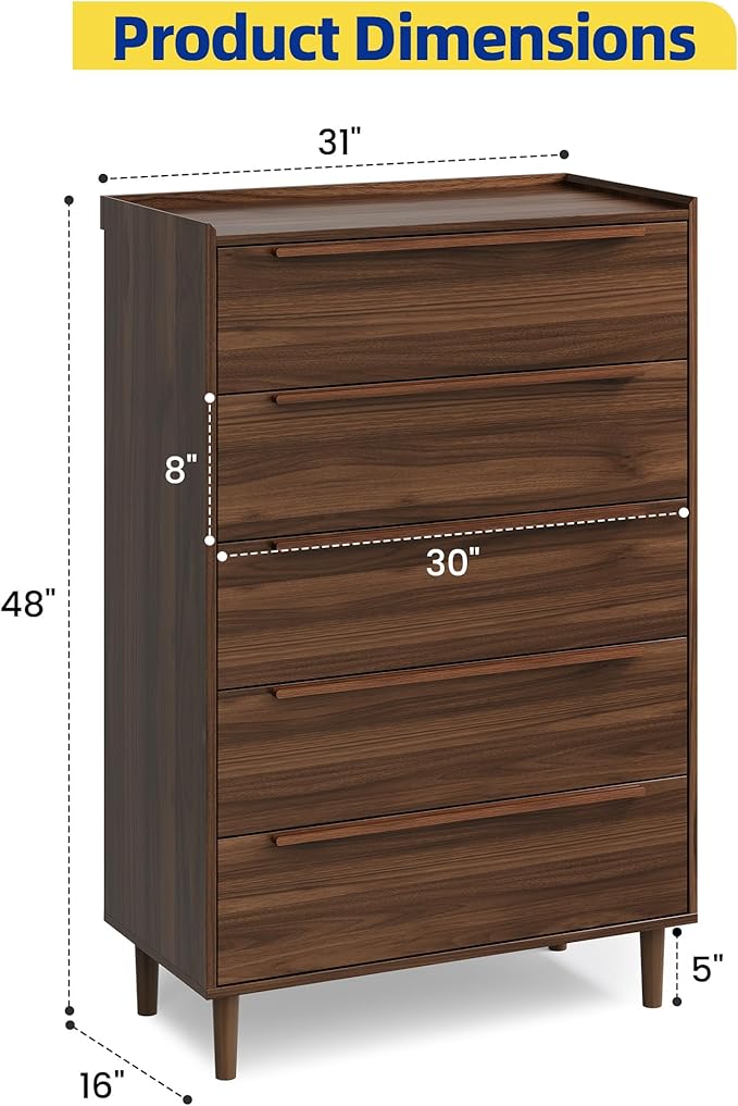 5-Drawer Dresser, 48" Tall Walnut Chest of Drawers for Bedroom, Mid Century Modern Storage Organizer for Closet, Hallway, or Small Apartment