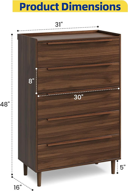5-Drawer Dresser, 48" Tall Walnut Chest of Drawers for Bedroom, Mid Century Modern Storage Organizer for Closet, Hallway, or Small Apartment