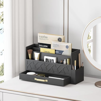 Wisuse Desk Mail Organizer with Drawer - Bamboo Wooden File Bill Sorter Storage Box for Desktop, Letter Countertop Holder for Home Office School Organization Tabletop Accessories Supplies (Black)