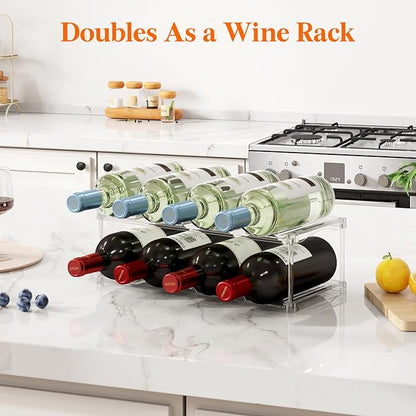 Lifewit Stackable Bottle Storage Organizer, Clear Freestanding Wine Holder for Cabinet, Large Slot Water Bottle Tumbler Cup Organizer for Pantry, Plastic Wine Rack for Fridge Cellar, 2Tier Hold 8