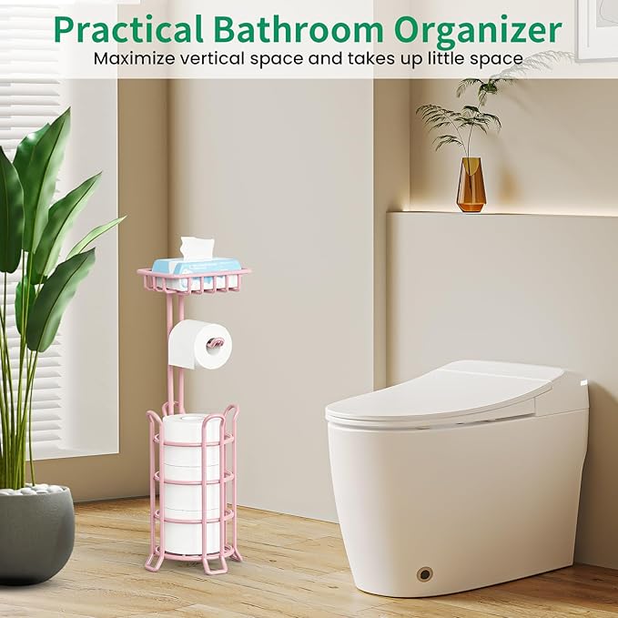 TomCare Toilet Paper Holder Stand with Storage Shelf Tissue Paper Roll Dispenser Free Standing 4 Raised Feet Toilet Paper Storage Metal Bathroom Organizers and Storage, Pink