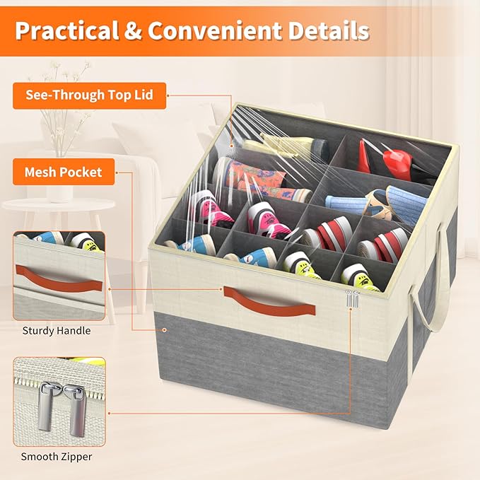 Aokeyee Shoe Organizer for Closet, 2 Pack Foldable Shoe Storage Organizer Box w/Clear Cover and Reinforced Handles, Space Saving Shoes Bin Fits up to 16-32 Pairs, Beige and Grey