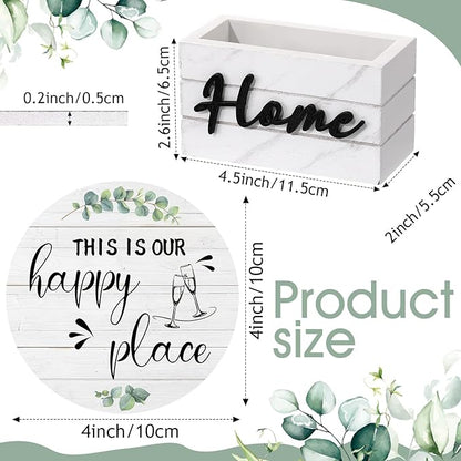 Queekay Coasters Set of 6 House Warming Gifts New Home Wooden Farmhouse Drink Coasters with Holder 4'' Funny Decoration for Kitchen Family Coffee Bar Tabletop Protection(Eucalyptus Leaf Color)
