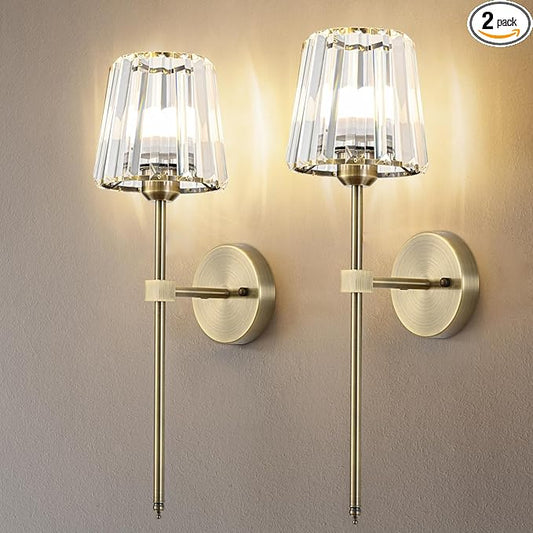 Crystal Battery Operated Wall Sconces Set of 2, Brass Rechargeable Wireless Wall Lights with Crystal Lampshade, 12 RGB and 3CCT Dimmable Wall Lamp with Remote for Bedroom Living Room Hallway