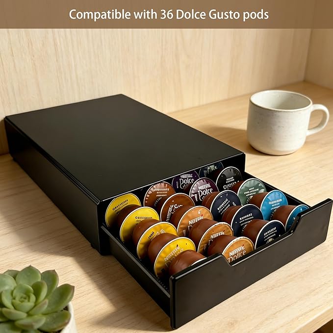 Coffee Pod Storage Drawer Compatible with Nespresso Vertuo, Dolce Gusto & K-Cup, Coffee Pod Holder 28-56 Pod Capacity, Black Countertop Coffee Organizer