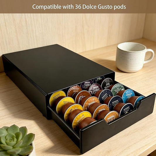 Coffee Pod Storage Drawer Compatible with Nespresso Vertuo, Dolce Gusto & K-Cup, Coffee Pod Holder 28-56 Pod Capacity, Black Countertop Coffee Organizer