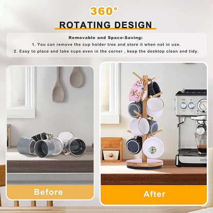 Mug Holder Tree, Upgraded 360° Rotated 8 Hooks Coffee Mug Holders for Counter, Bamboo Mug Rack Stand for Coffee Bar Accessories