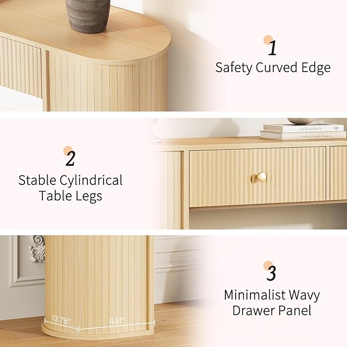 59" Fluted Console Table with 2 Drawers - Wood Entryway Table with Storage, Long Modern Sofa Tables Behind Couch with Curved Leg for Living Room, Entry, Hallway, Entrance, Foyer, Natural