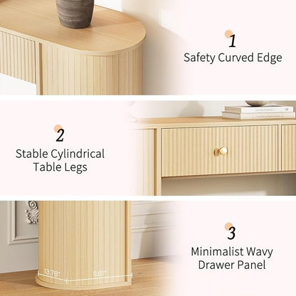 59" Fluted Console Table with 2 Drawers - Wood Entryway Table with Storage, Long Modern Sofa Tables Behind Couch with Curved Leg for Living Room, Entry, Hallway, Entrance, Foyer, Natural