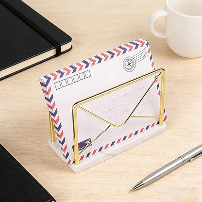 Modern Mail Holder for Home Office, Metal Letter Organizer Sorter for Desk, Cutout Mail Envelope Design, Bill Filling Paper Document Rack, Envelope Storage Rack with Marble Base (Gold)