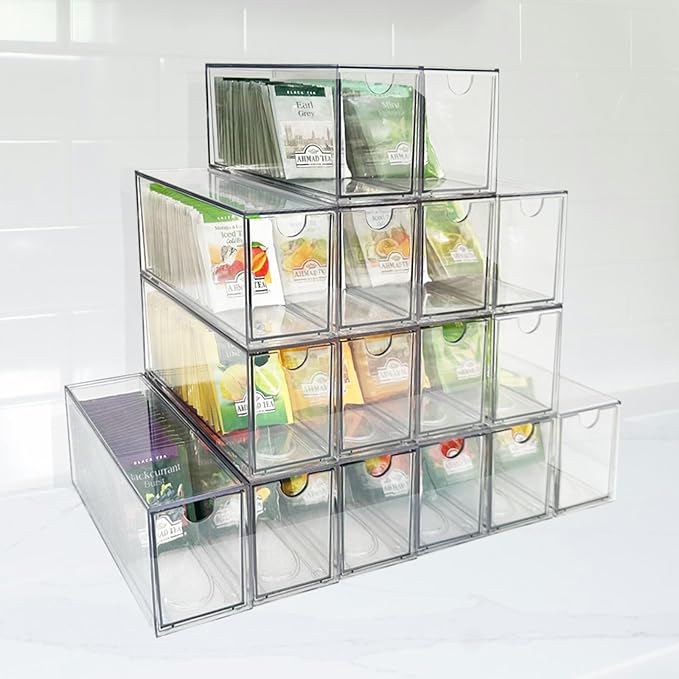 AZEZO 16-Pack Tea Bag Drawers Organizer - 16 Clear Plastic Drawer Tea Bag Holder; Stackable & Portable; Wider Size; Well-Organized Storage for Tea Bags & Kitchen Essentials；High Volume