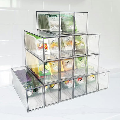 AZEZO 16-Pack Tea Bag Drawers Organizer - 16 Clear Plastic Drawer Tea Bag Holder; Stackable & Portable; Wider Size; Well-Organized Storage for Tea Bags & Kitchen Essentials；High Volume