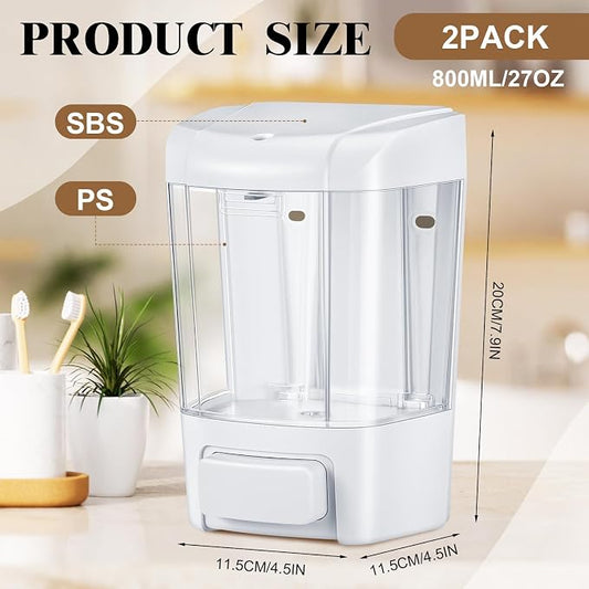 Hushee 2 Pcs Commercial Soap Dispenser Hand Wall Mounted Bathroom 27oz/800ml Manual Soap Dispenser Liquid Containers with Pump White Shower Plastic Wash Wall Containers Shampoo Gel for Kitchen Hotel