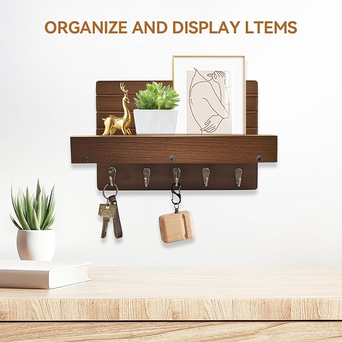 Key Holder for Wall, House Decor Mail Organizer Wall Mounted with Shelf & 5 Hooks for Hanging Dog Leash, Sunglasses, Hats, Rustic Key Rack Apartment Eseentials Wooden Key Hanger
