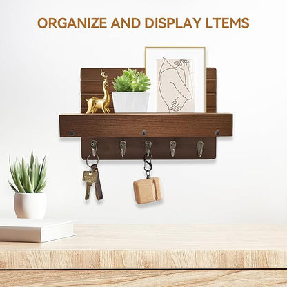 Key Holder for Wall, House Decor Mail Organizer Wall Mounted with Shelf & 5 Hooks for Hanging Dog Leash, Sunglasses, Hats, Rustic Key Rack Apartment Eseentials Wooden Key Hanger