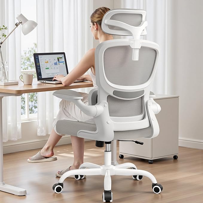 High Back Ergonomic Office Chair, Breathable Mesh Desk Chair with Lumbar Support, Adjustable Headrest, Flip-up Armrests, Computer Gaming Chair, (LightGray, 1Pack)
