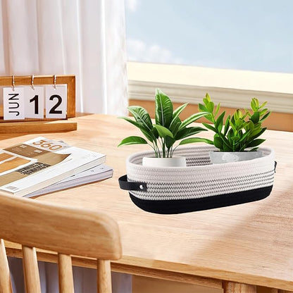 1 Pack Small Woven Storage Basket for Toilet Tank Top, Bathroom Countertop Organizer Basket Cotton Rope Toilet Paper Storage Toilet Paper Decorative Basket 13"x6"x4" (Black/White)