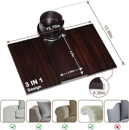 Couch Cup Holder for Armrests Over 4.9" Wide, Bamboo Couch Arm Tray with 360° Rotating Phone Stand, 3 in 1 Foldable Sofa Arm Tray Table for Remote, Snacks, Phone, Drinks Walnut