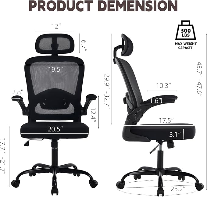 Ergonomic Office Chair with 3D Adjustable Lumbar Support, Mesh High Back, 75° Rotating Headrest, Rocking Function, 300lbs Capacity, Black/White (Black)