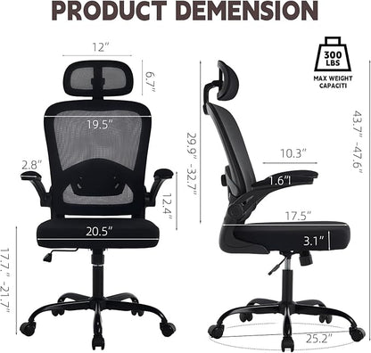 Ergonomic Office Chair with 3D Adjustable Lumbar Support, Mesh High Back, 75° Rotating Headrest, Rocking Function, 300lbs Capacity, Black/White (Black)