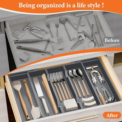 Silverware Organizer, Expandable Utensil Drawer Organizer for Kitchen Drawers, Kitchen Drawer Organizer for Spoons/Forks/Knives, Multipurpose & BPA Free Cutlery Tray, Grey, 1 Pack