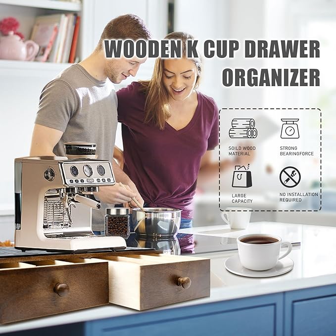 Coffee Pod Holder Storage, Wooden K Cup Organizer for Countertop, K Cup Drawer and Tea Organizer for Counter, Coffee Station Organizer with Silicone Non-Slip Pad (30 Pod Capacity)