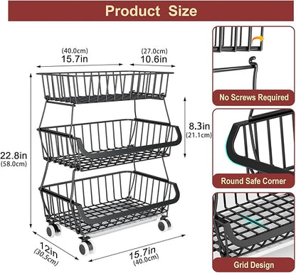 3-Tier Rolling Pantry Cart with Wheels, Stackable Wire Storage Floor Organizer for Kitchen Pantry Snack Shelves, Fruit Basket Stand, Vegetable Storage Rack for Food Snacks Onion Potato