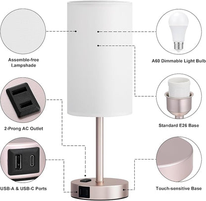 Fenmzee Antique White Bedside Table Lamp for Bedroom - 3 Way Dimmable Touch Lamp USB C Charging Ports and AC Outlet, Small Lamp Gold Base Round Flaxen Fabric Shade for Living Room, Desk