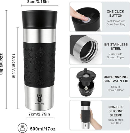 Travel Coffee Mug with 360°Lid, Travel Coffee Tumbler 16 oz Leak Proof, Stainless Steel Insulated Travel Mugs for Hot and Cold Spill Proof Leak Proof(Black)
