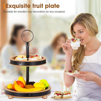 Urban Deco Wood Tiered Tray - 2-Tiered Farmhouse Serving Tray with Metal Handle for Kitchen Counter or Living Room Table
