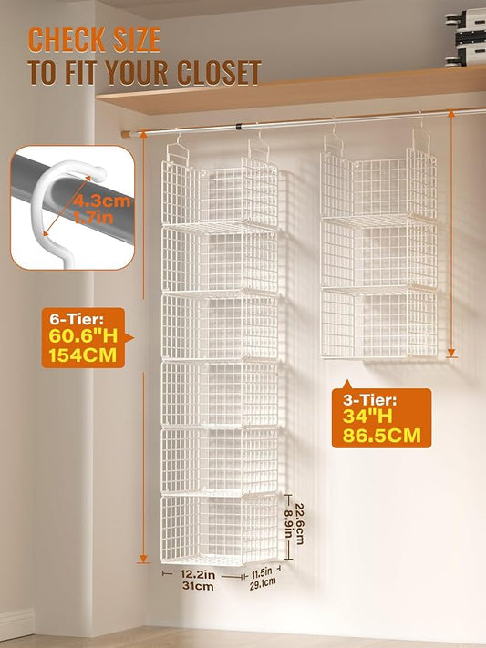 6 Tier Closet Hanging Organizer, Metal Closet Organizers and Storage with 4 Hanging Hooks 4 S-Hooks for Wardrobe Laundry Room, Wire Storage Shelf for Clothes Sweaters Pants (White)