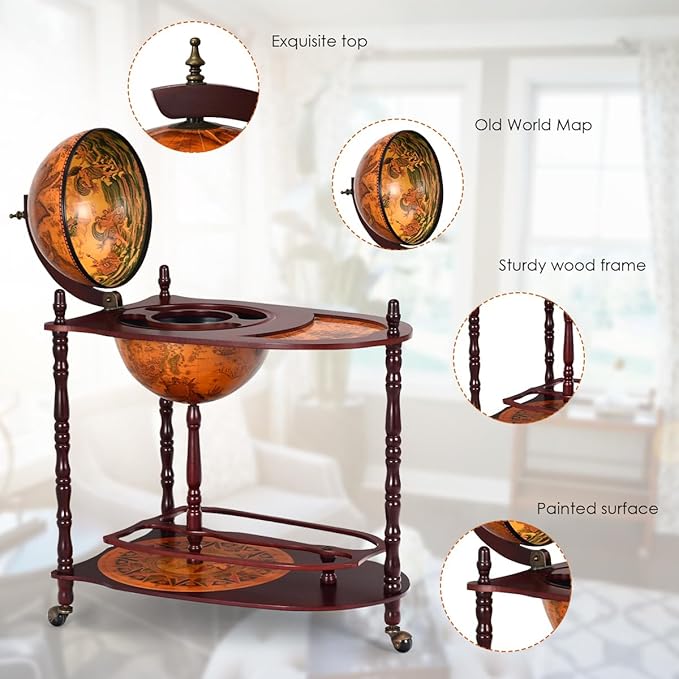 LDAILY Globe Bar, 34.5”Wood Wine Bar Stand with Wheels, Bottom Shelf & Old World Map, 16 Century Italian Replica Globe Bar Liquor Cabinet, Large Capacity Bar Cart for Home, Restaurant, Party