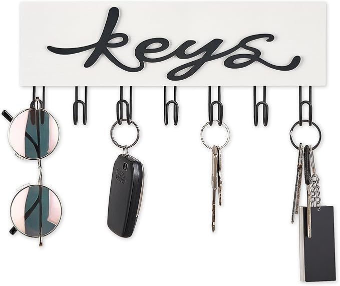 Mkono Key Holder for Wall Decorative with 7 Hooks, Wall Mounted Keys Hanger Organizer Rustic Wood Hanging Key Hooks Home Decor Farmhouse Key Rack for Entryway, Hallway, Office, White