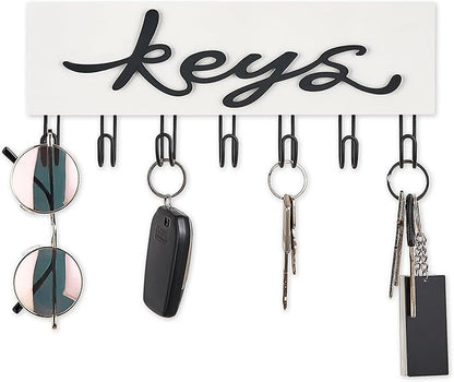 Mkono Key Holder for Wall Decorative with 7 Hooks, Wall Mounted Keys Hanger Organizer Rustic Wood Hanging Key Hooks Home Decor Farmhouse Key Rack for Entryway, Hallway, Office, White