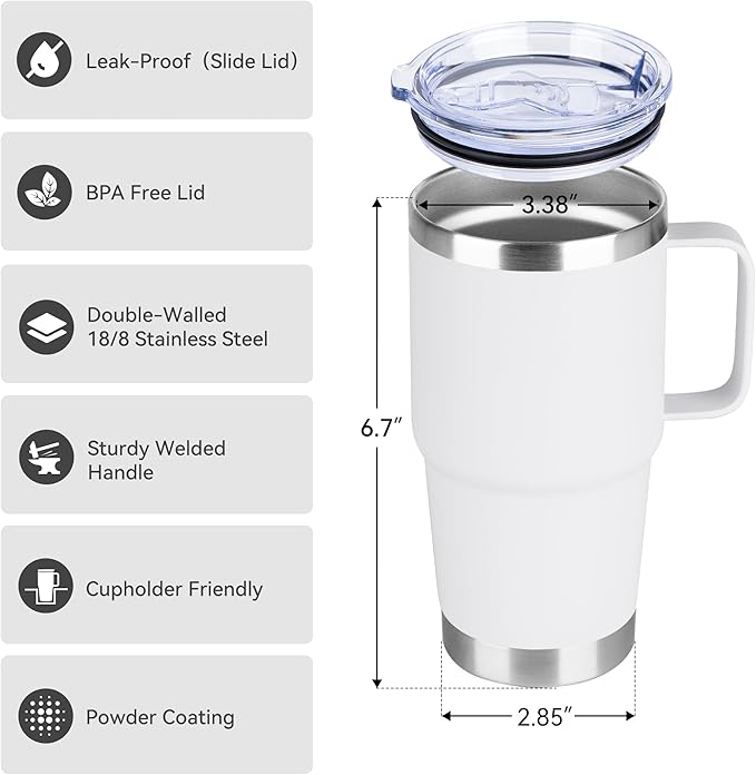 20oz Tumbler Bulk with Lid, Stainless Steel Tumbler Bulk with Handle, Metal Insulated Travel Coffee Mug Set with Handle, Double Wall Vacuum Leak Proof Tumbler Cup, White 12 Pack
