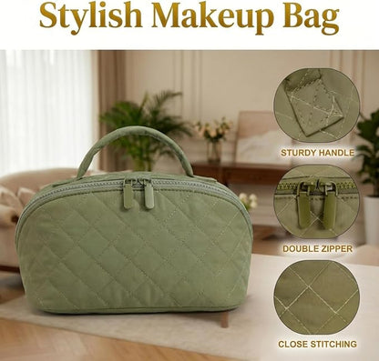 Illuminate Makeup Bag Organizer for Women Large Capacity Travel Toiletry Bag Wide Open Lay-Flat Cosmetic Bags Puffy Makeup Case with Compartments Waterproof Pouch for Toiletries & Brushes (Green)