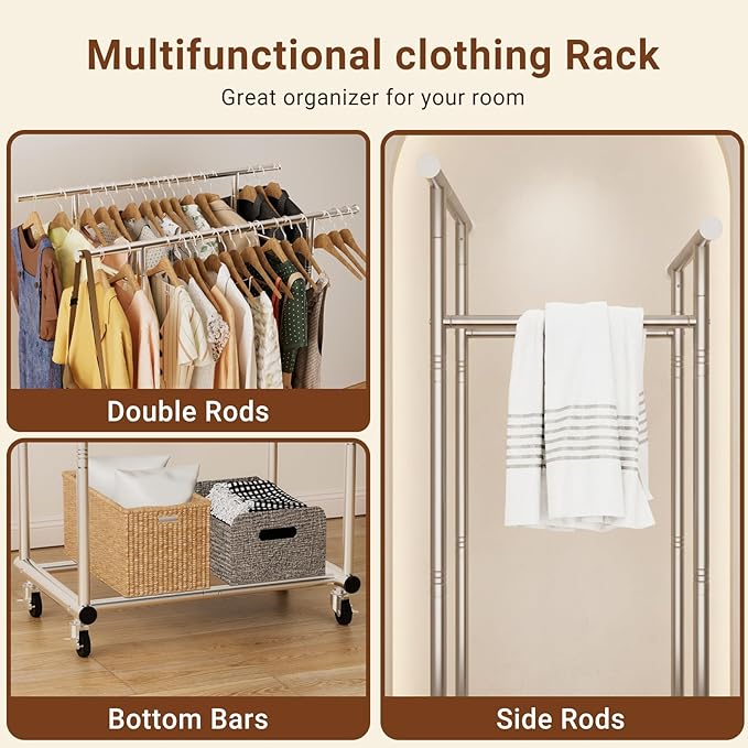 TigerParty Double Rods Clothes Rack for Hanging Clothes, Heavy Duty Sturdy Stainless Steel Clothing Rack, Rolling Garment Rack with Wheels for Bedroom Laundry Living Room
