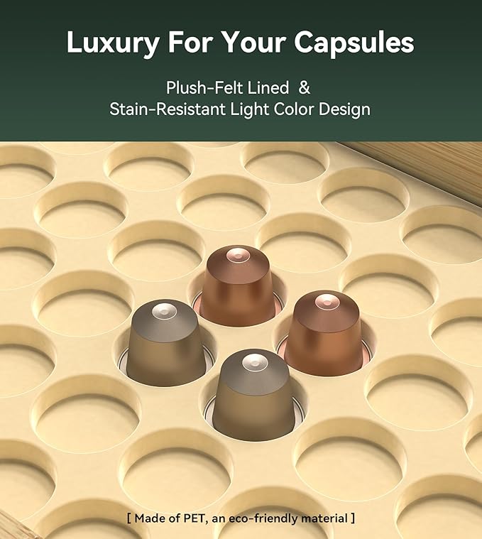 for Nespresso Original Capsules - Bamboo Coffee Pod Storage for Counter Drawer Insert - 48 Capsules Organizer (14.3” x 11” x 1.57”)