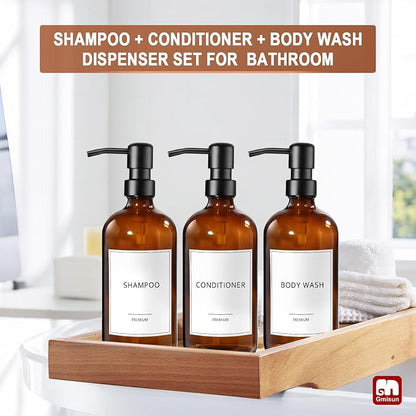 GMISUN Shampoo and Conditioner Dispenser, 3 Pack Amber Glass Bathroom Shampoo Conditioner Body Wash Dispenser with Pump for Shower, 17 Fl Oz Hand Soap Dish Soap and Lotion Dispenser Set for Kitchen