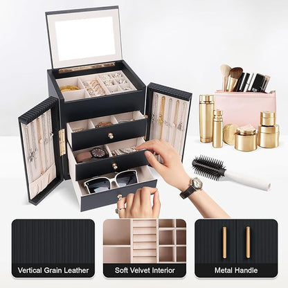 Dajasan Large Jewelry Box for Women, Jewelry Organizer Box with 3 Drawers, Jewelry Storage Organizer with Mirror for Necklace Ring Bracelet Watch, Gift Idea, 8.7 x 7.5 x 9.8 Inches (Black)
