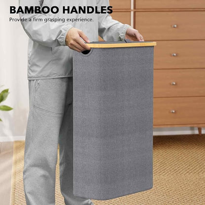 SpaceAid Slim Laundry Hamper with Lid, 65L Narrow Clothes Basket Bin with Bamboo Handles, Skinny Tall Collapsible Hamper for Bedroom, Bathroom, Dorm, Laundry Room - Grey
