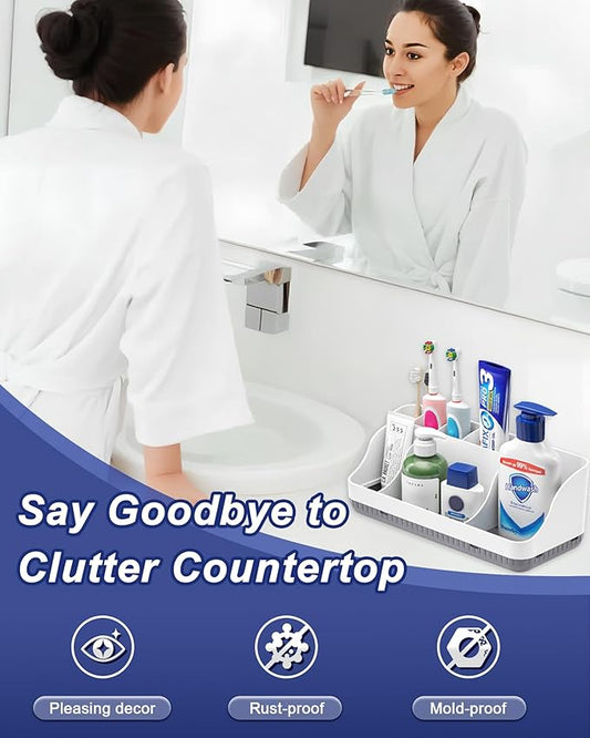 Bathroom Counter Organizer and Storage with 2 Pack Qtip Holder Dispenser, 7 Slots Detachable Toothbrush Holders for Bathrooms, Anti-Slip Electric Toothbrush and Toothpaste Holder Countertop
