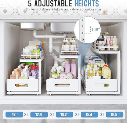 Under Sink Organizer Upgrade To Professional Rails,2-Tier Dual Pull Out Cabinet Storage,Height Adjustable Slide Out Drawers For Bathroom Kitchen,2 Pack-21"Dx12.8"-16.9"H,White