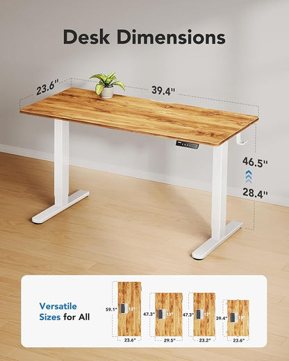 HUANUO Electric Standing Desk, Whole Piece Desktop, Adjustable Height Computer Desk, 4 Height Memory Settings, Sit Stand Up Desk for Home Office, 40" x 24", Light Vintage