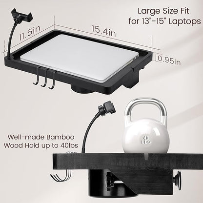 Bedside Shelf for Dorm Bed & Top Bunk, Bamboo Bed Side Table Tray with Cup Phone Holder & Hooks, Bedside Caddy, Clip on Nightstand Bedside Storage College Dorm Room Essentials (Black)