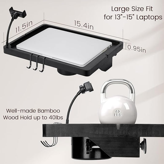 Bedside Shelf for Dorm Bed & Top Bunk, Bamboo Bed Side Table Tray with Cup Phone Holder & Hooks, Bedside Caddy, Clip on Nightstand Bedside Storage College Dorm Room Essentials (Black)